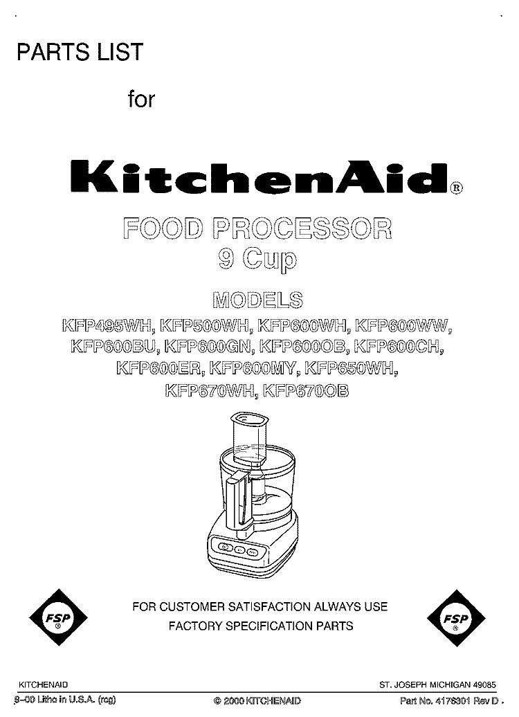SECTION Diagram and Parts List for  KitchenAid Food Processor