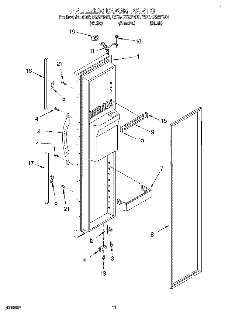 FREEZER DOOR Diagram and Parts List for GD27DQXFB01  Whirlpool Refrigerator