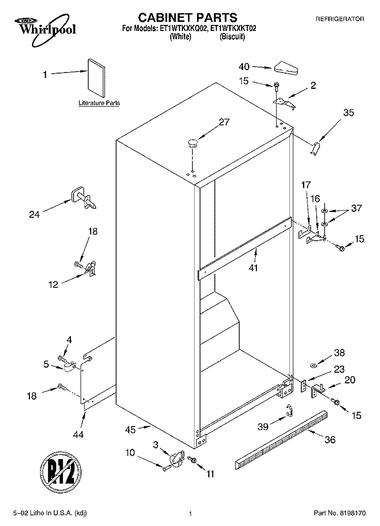 CABINET, LITERATURE Diagram and Parts List for ET1WTKXKT02  Whirlpool Refrigerator