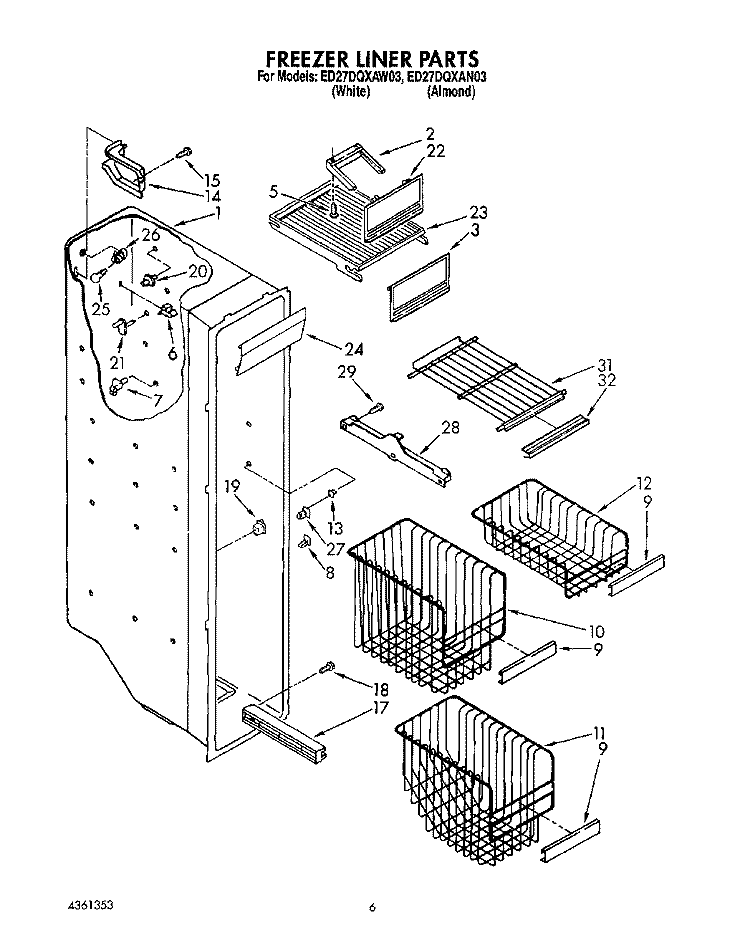FREEZER LINER Diagram and Parts List for ED27DQXAW03  Whirlpool Refrigerator