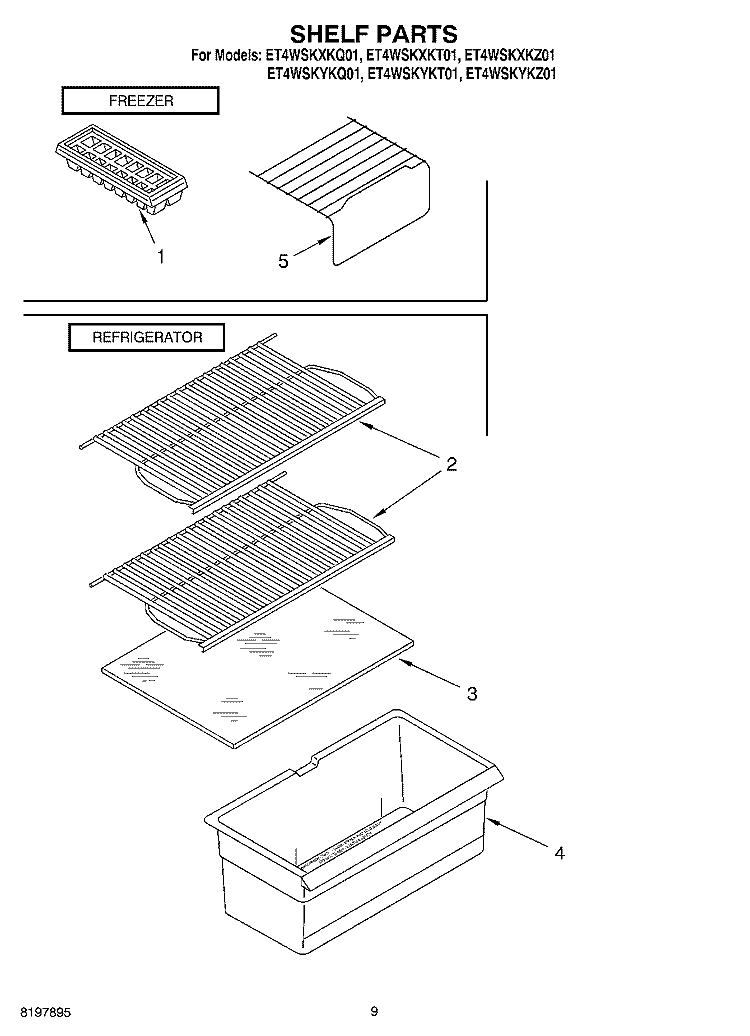SHELF, OPTIONAL Diagram and Parts List for ET4WSKYKT01  Whirlpool Refrigerator