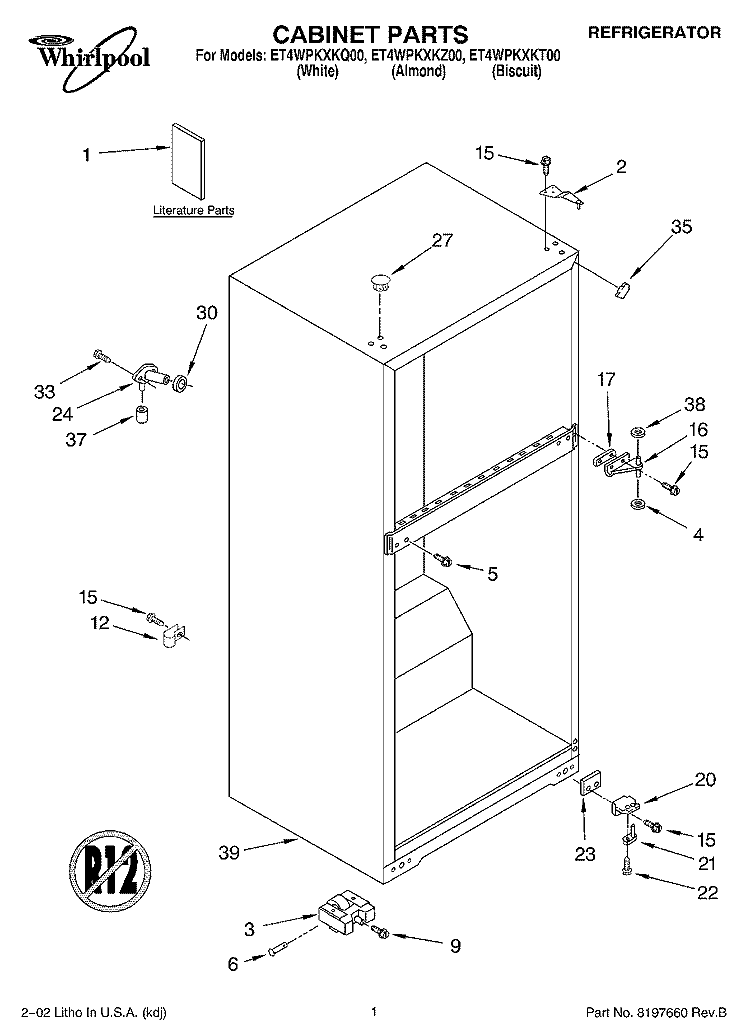 CABINET, LITERATURE Diagram and Parts List for ET4WPKXKZ00  Whirlpool Refrigerator