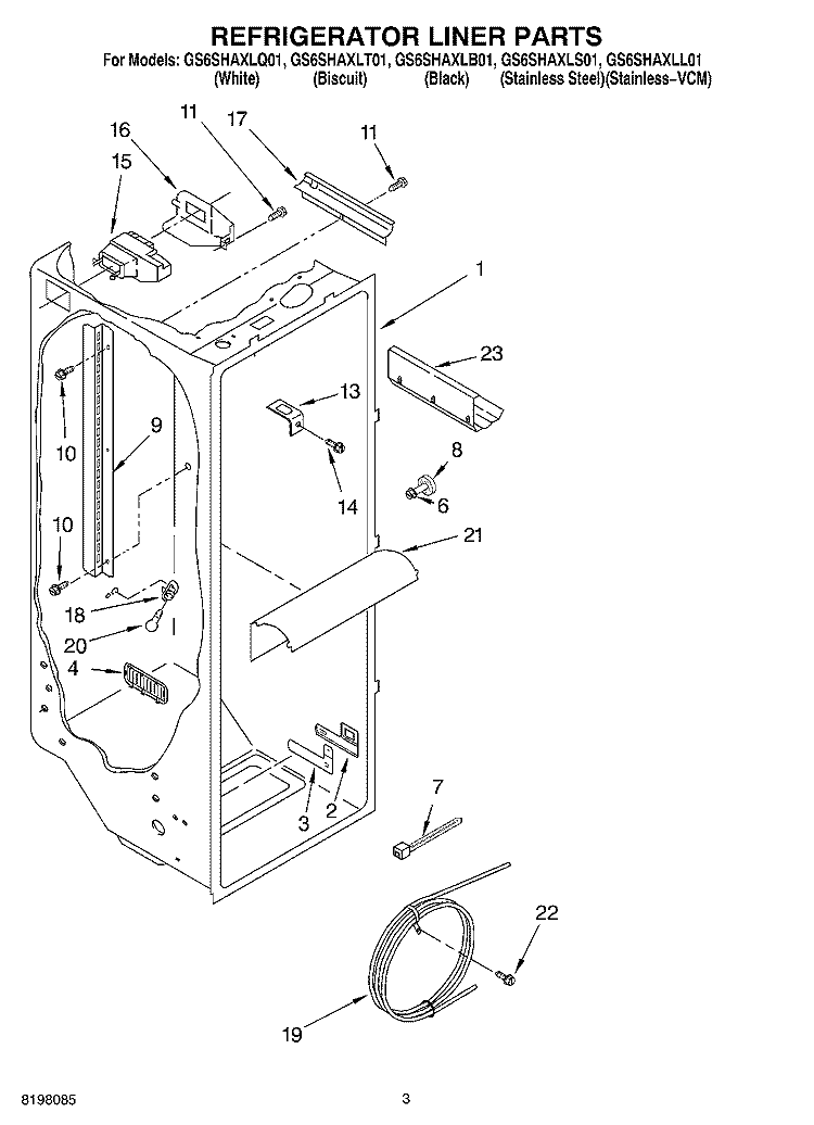 REFRIGERATOR LINER Diagram and Parts List for GS6SHAXLT01  Whirlpool Refrigerator