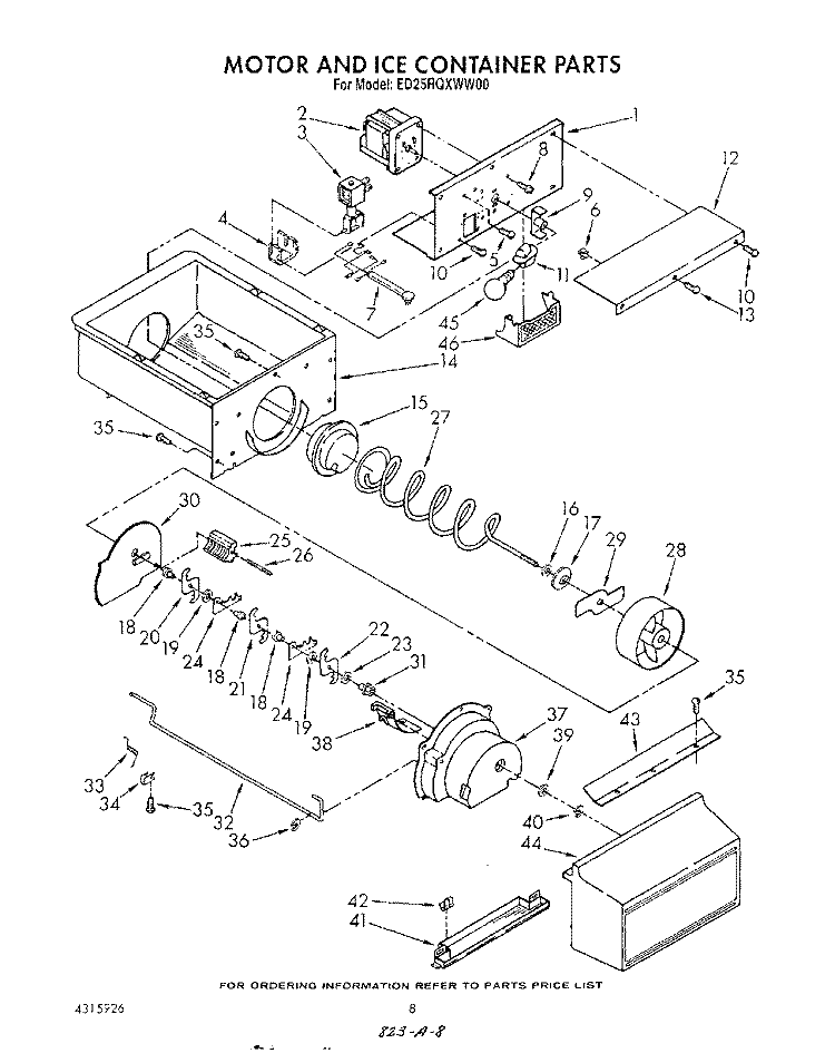 MOTOR AND ICE CONTAINER Diagram and Parts List for ED25RQXWW00  Whirlpool Refrigerator
