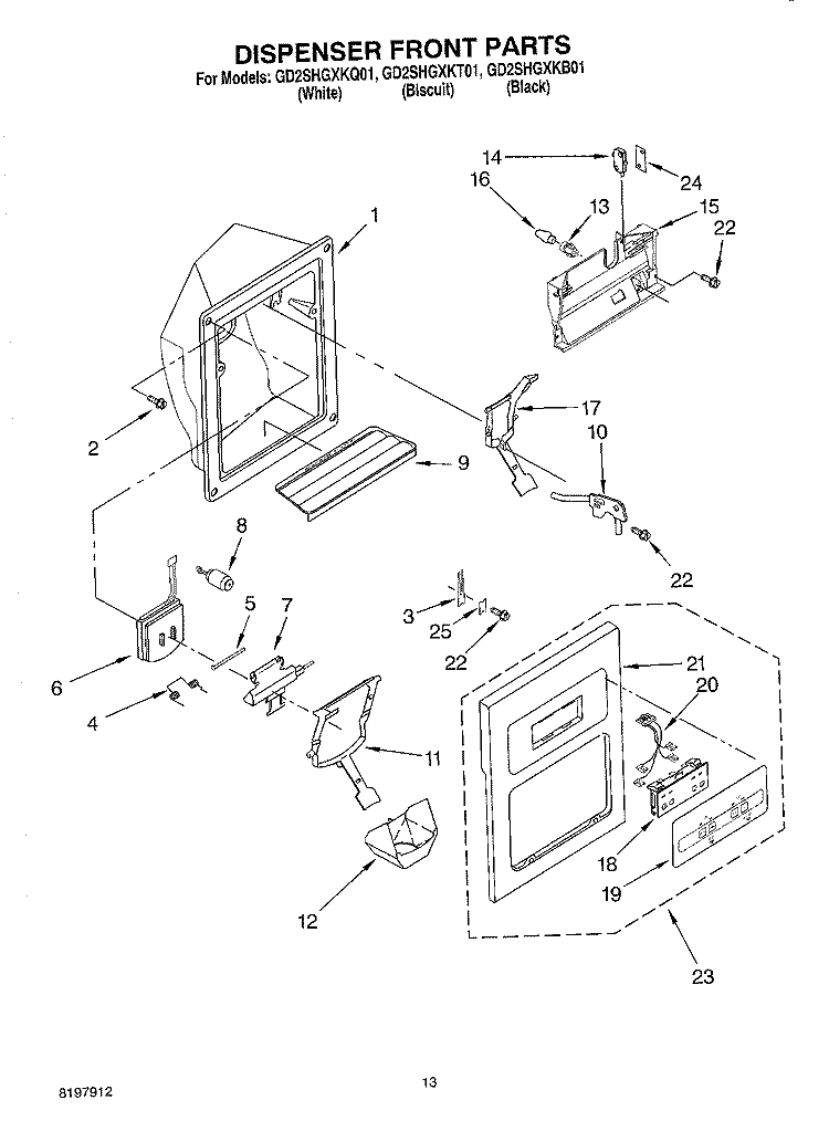 DISPENSER FRONT Diagram and Parts List for GD2SHGXKB01  Whirlpool Refrigerator