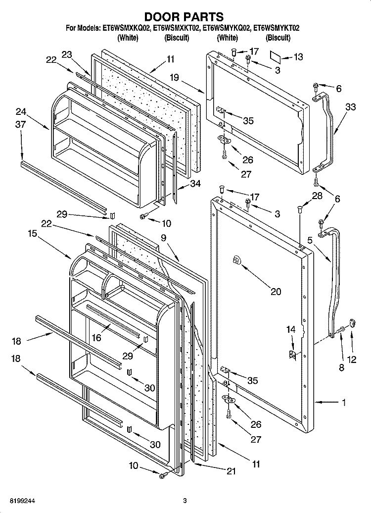 DOOR PARTS Diagram and Parts List for ET6WSMXKT02  Whirlpool Refrigerator