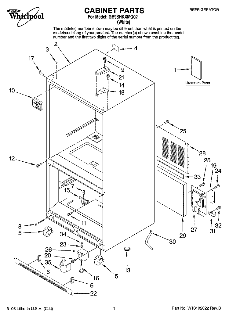 CABINET PARTS Diagram and Parts List for GB9SHKXMQ02  Whirlpool Refrigerator
