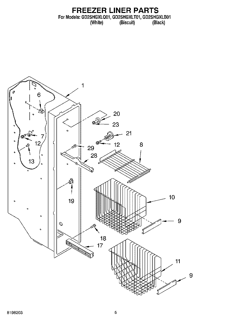 FREEZER LINER Diagram and Parts List for GD2SHGXLB01  Whirlpool Refrigerator