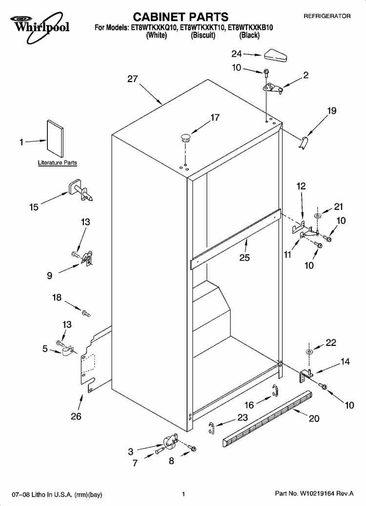 CABINET PARTS Diagram and Parts List for ET8WTKXKB10  Whirlpool Refrigerator