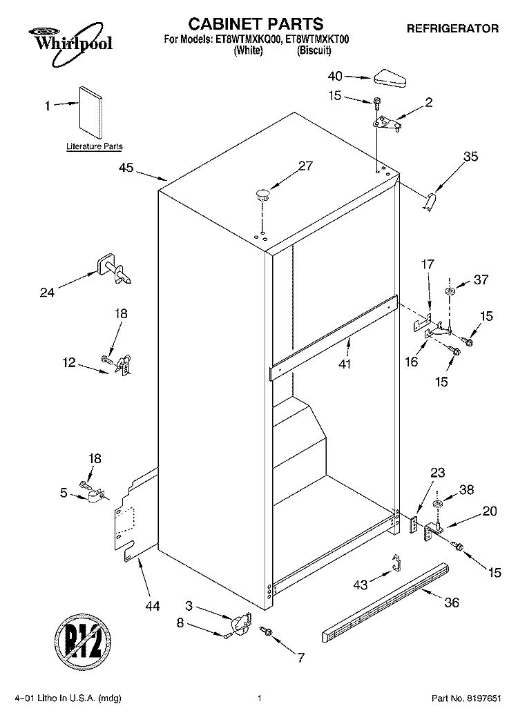 CABINET, LITERATURE Diagram and Parts List for ET8WTMXKT00  Whirlpool Refrigerator