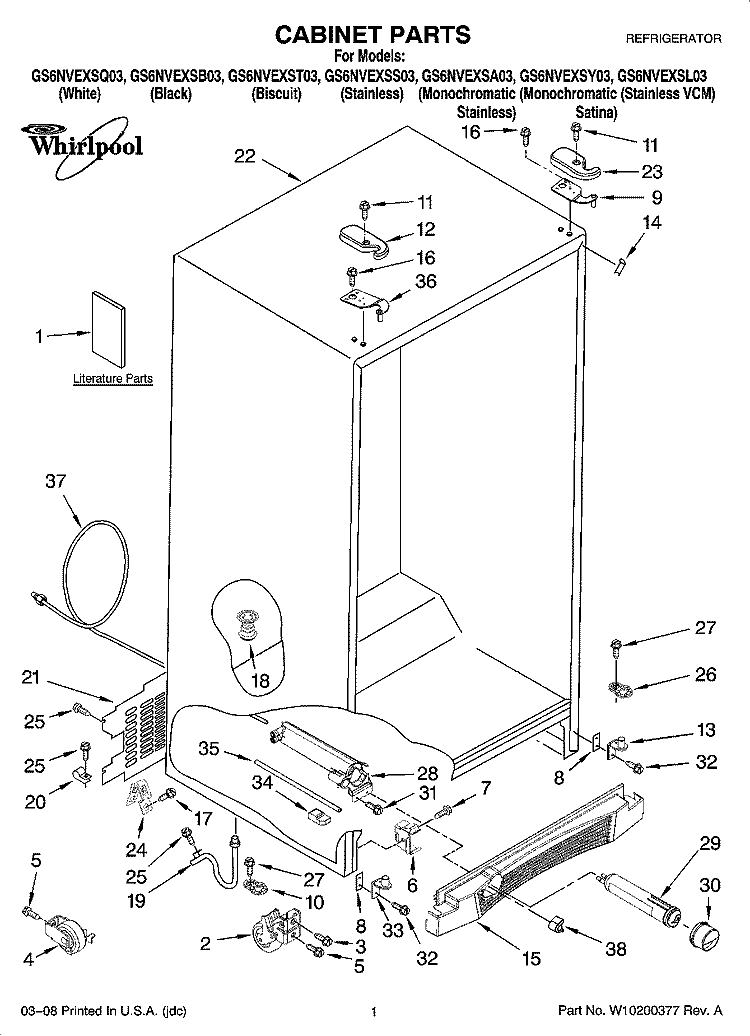 CABINET PARTS Diagram and Parts List for GS6NVEXSS03  Whirlpool Refrigerator