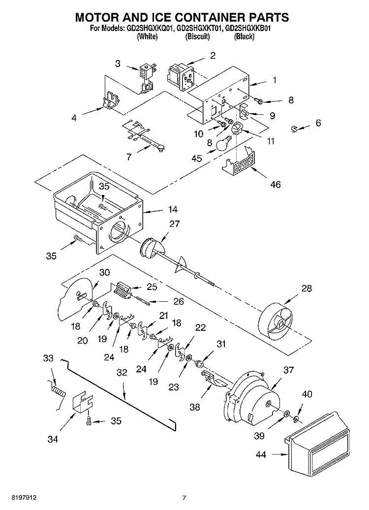 MOTOR AND ICE CONTAINER Diagram and Parts List for GD2SHGXKB01  Whirlpool Refrigerator