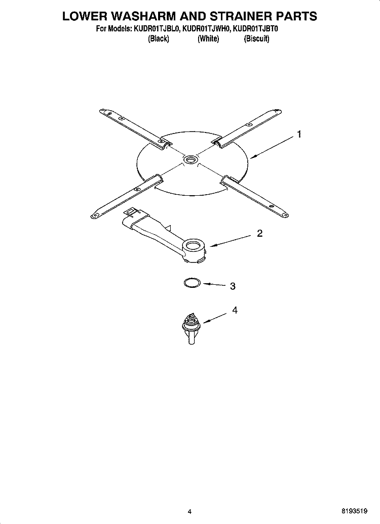 LOWER WASHARM AND STRAINER PARTS Diagram and Parts List for  KitchenAid Dishwasher