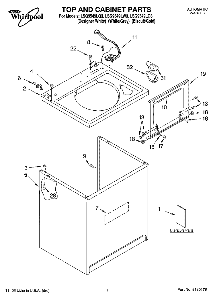 TOP AND CABINET PARTS Diagram and Parts List for  Whirlpool Washer
