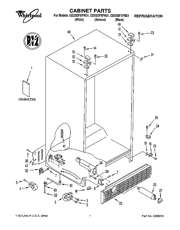 CABINET, LITERATURE Diagram and Parts List for GD25DFXFW01  Whirlpool Refrigerator