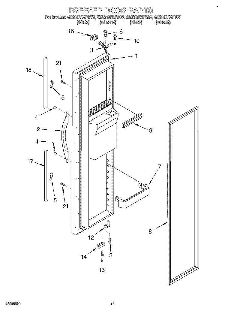 FREEZER DOOR Diagram and Parts List for GD27DFXFT03  Whirlpool Refrigerator
