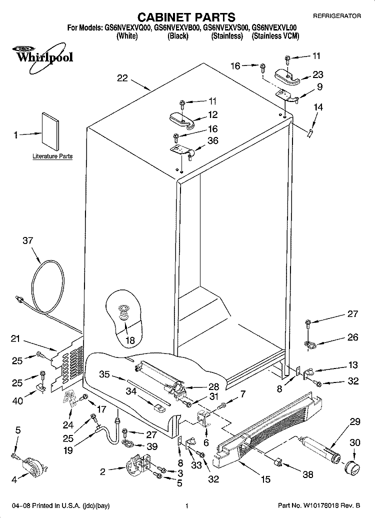 CABINET PARTS Diagram and Parts List for GS6NVEXVS00  Whirlpool Refrigerator