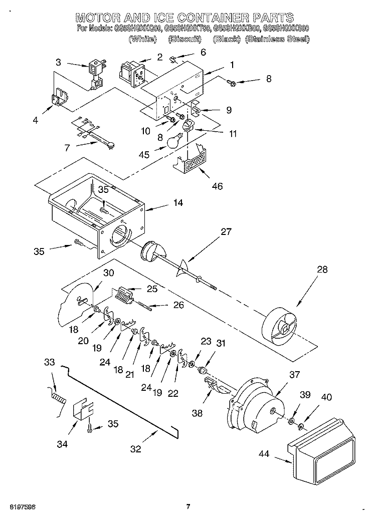 MOTOR AND ICE CONTAINER Diagram and Parts List for GS5SHGXKB00  Whirlpool Refrigerator