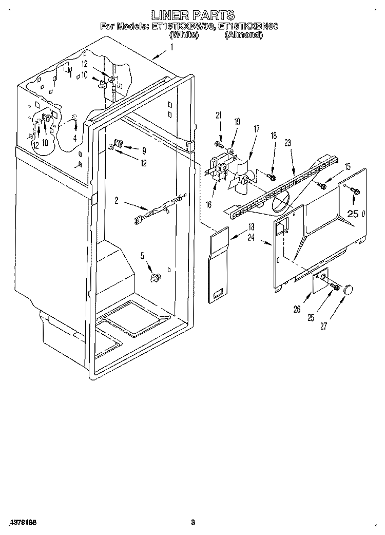 LINER Diagram and Parts List for ET18TKXBN00  Whirlpool Refrigerator