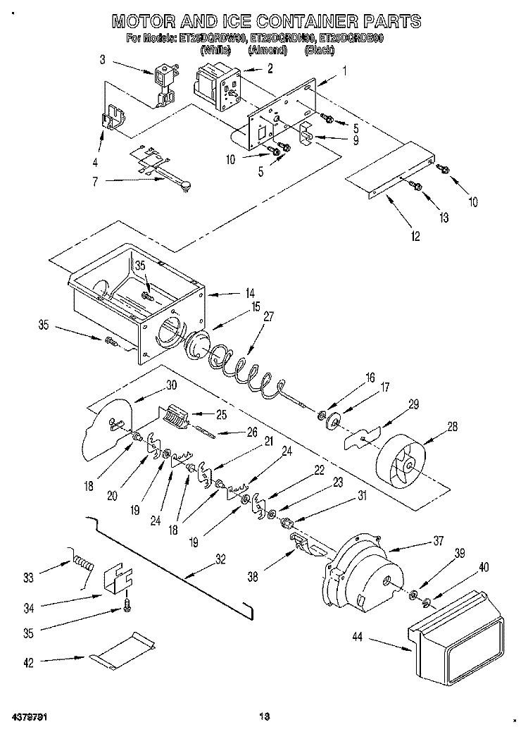 MOTOR AND ICE CONTAINER Diagram and Parts List for ET25DQRDB00  Whirlpool Refrigerator