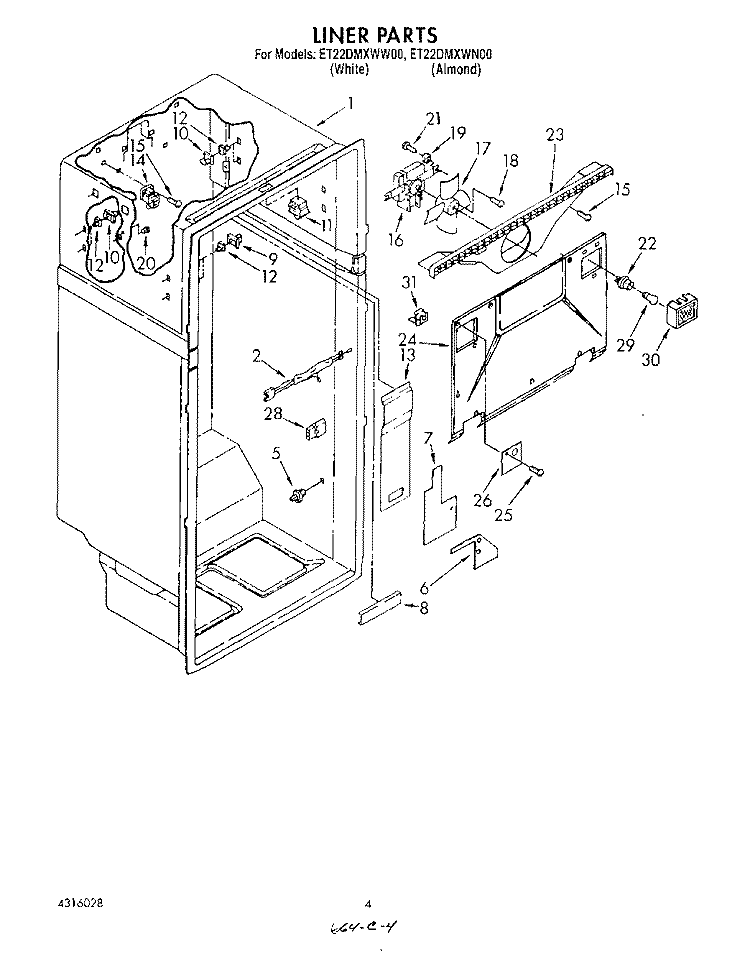 LINER Diagram and Parts List for ET22DMXWW00  Whirlpool Refrigerator