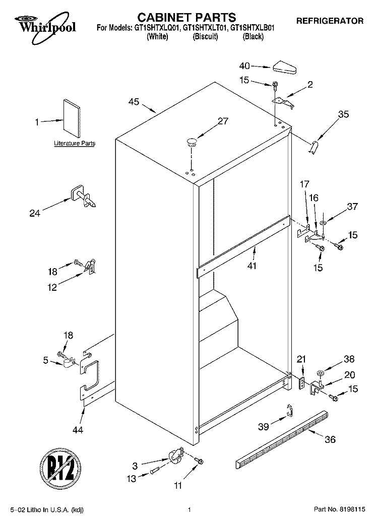 CABINET, LITERATURE Diagram and Parts List for GT1SHTXLB01  Whirlpool Refrigerator