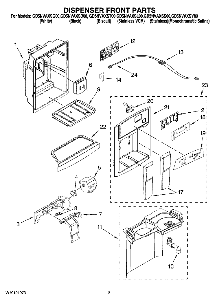 DISPENSER FRONT PARTS Diagram and Parts List for GD5NVAXSL00  Whirlpool Refrigerator