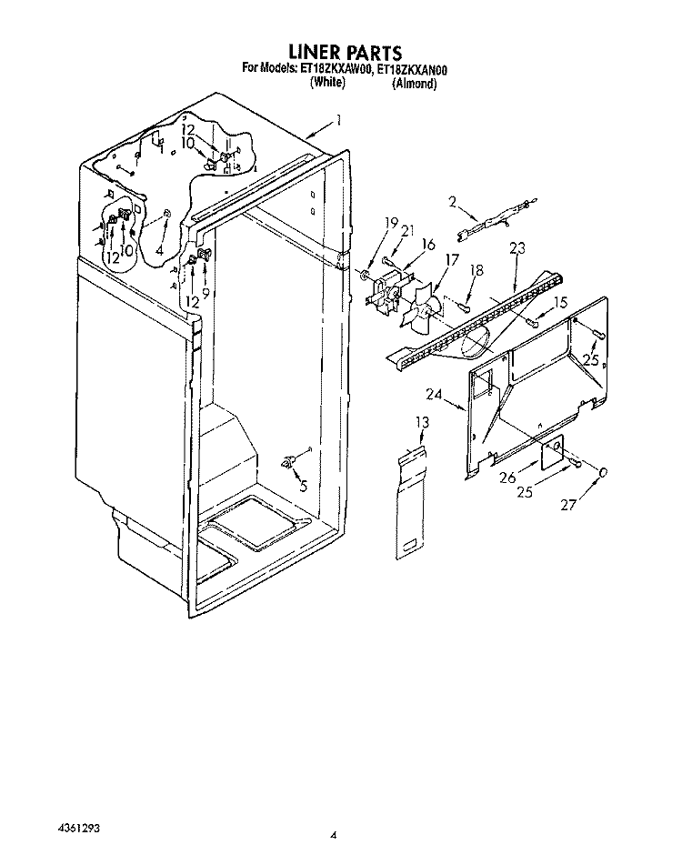 LINER Diagram and Parts List for ET18ZKXAN00  Whirlpool Refrigerator