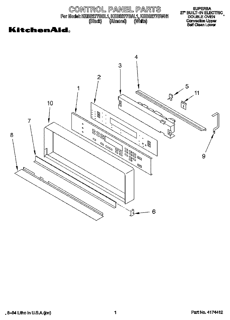 CONTROL PANEL, LIT/OPTIONAL Diagram and Parts List for KEBS277BBL1  KitchenAid Wall Oven