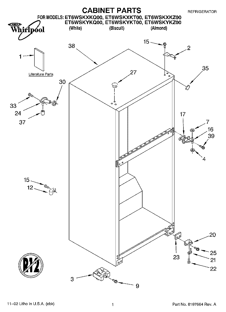 CABINET, LITERATURE Diagram and Parts List for ET6WSKYKT00  Whirlpool Refrigerator