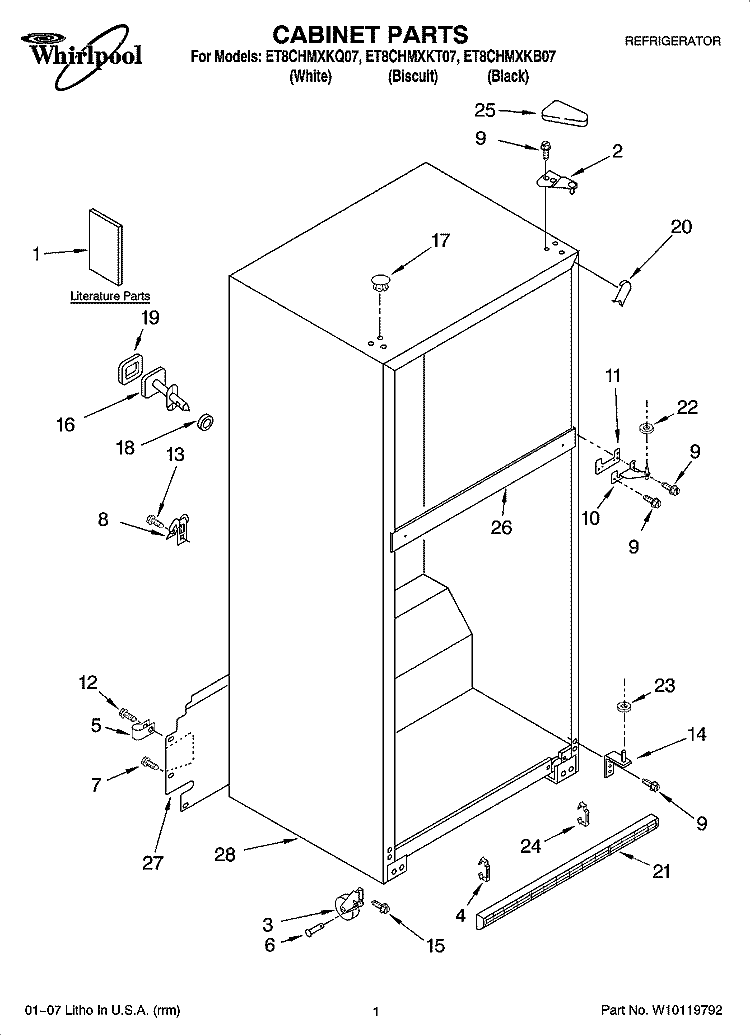 CABINET PARTS Diagram and Parts List for ET8CHMXKB07  Whirlpool Refrigerator