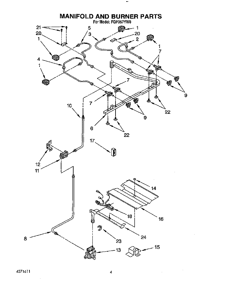 MANIFOLD AND BURNER Diagram and Parts List for  Whirlpool Range