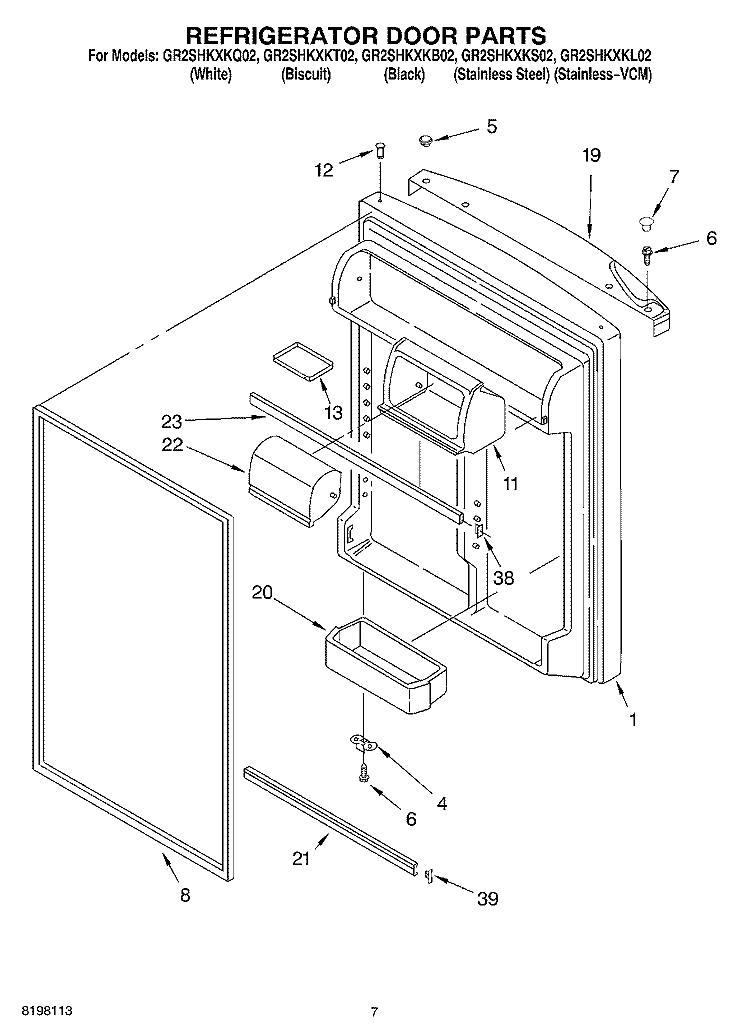 REFRIGERATOR DOOR Diagram and Parts List for GR2SHKXKS02  Whirlpool Refrigerator