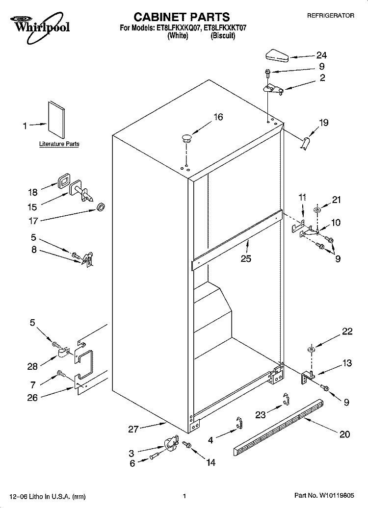 CABINET PARTS Diagram and Parts List for ET8LFKXKT07  Whirlpool Refrigerator