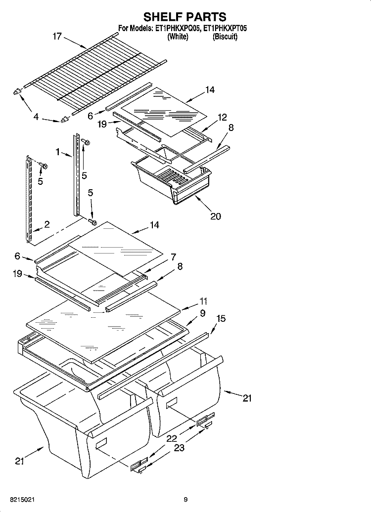 SHELF PARTS, OPTIONAL PARTS (NOT INCLUDED) Diagram and Parts List for ET1PHKXPT05  Whirlpool Refrigerator