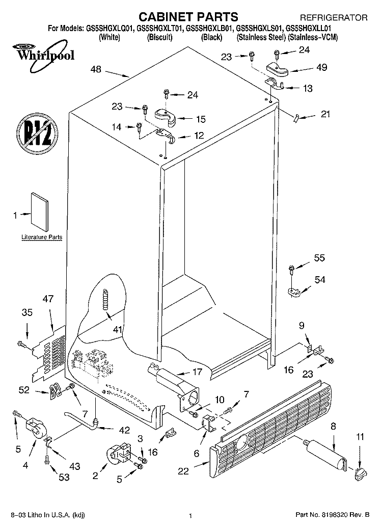 CABINET PARTS Diagram and Parts List for GS5SHGXLT01  Whirlpool Refrigerator