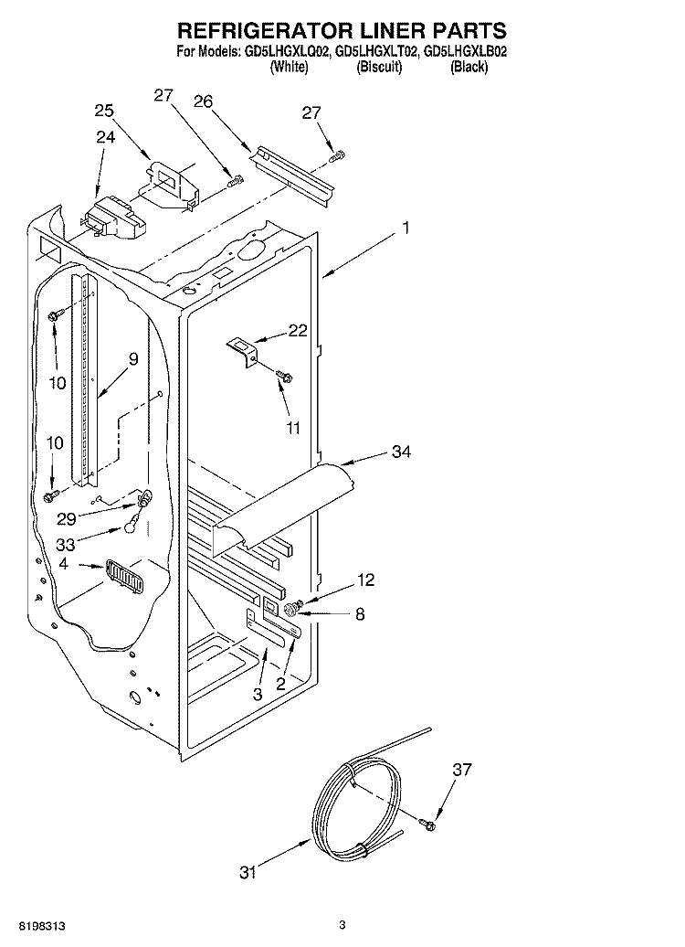 REFRIGERATOR LINER Diagram and Parts List for GD5LHGXLB02  Whirlpool Refrigerator