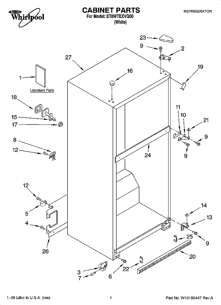 CABINET PARTS Diagram and Parts List for ET8WTEXVQ00  Whirlpool Refrigerator