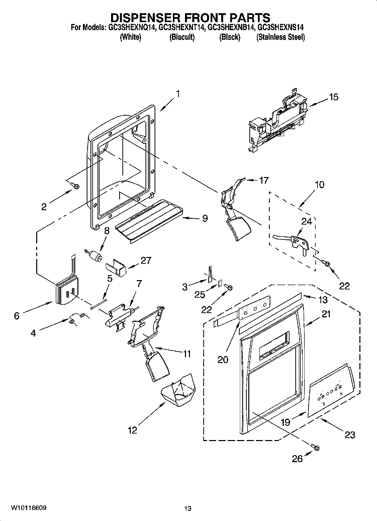 DISPENSER FRONT PARTS Diagram and Parts List for GC3SHEXNB14  Whirlpool Refrigerator