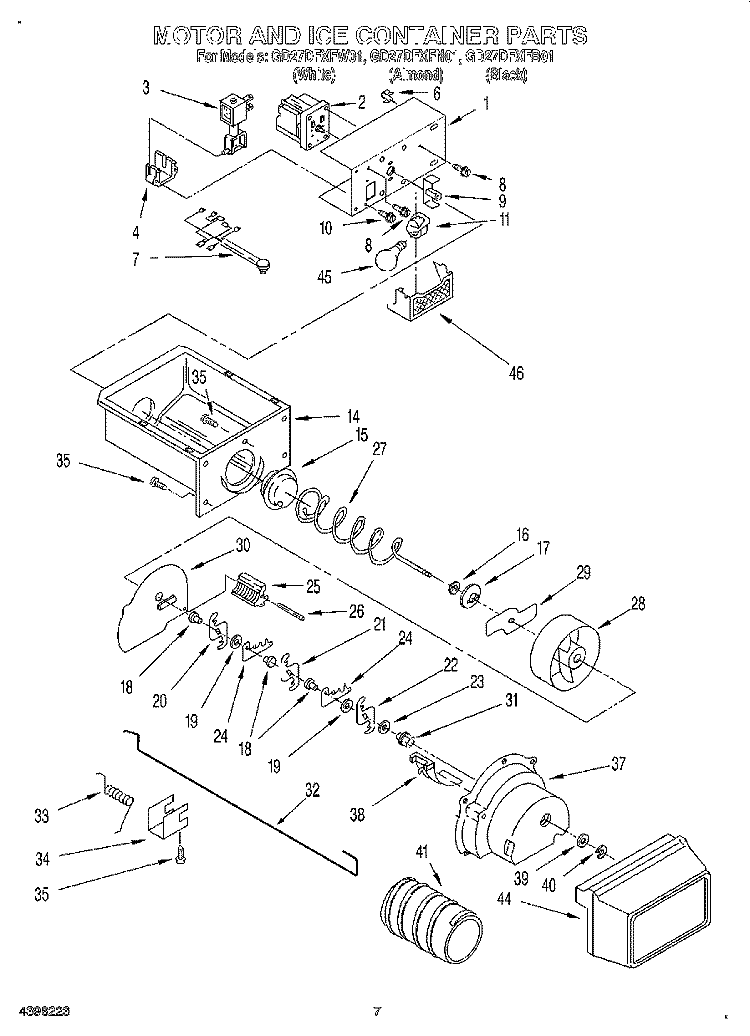 MOTOR AND ICE CONTAINER Diagram and Parts List for GD27DFXFB01  Whirlpool Refrigerator