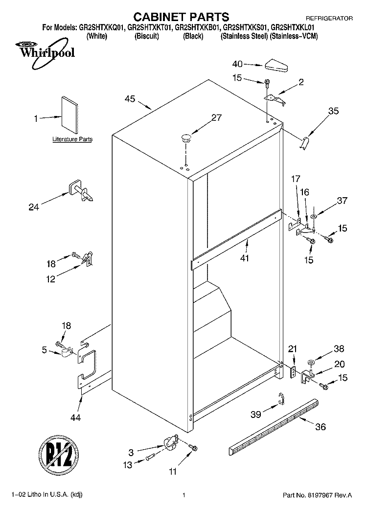 CABINET, LITERATURE Diagram and Parts List for GR2SHTXKB01  Whirlpool Refrigerator