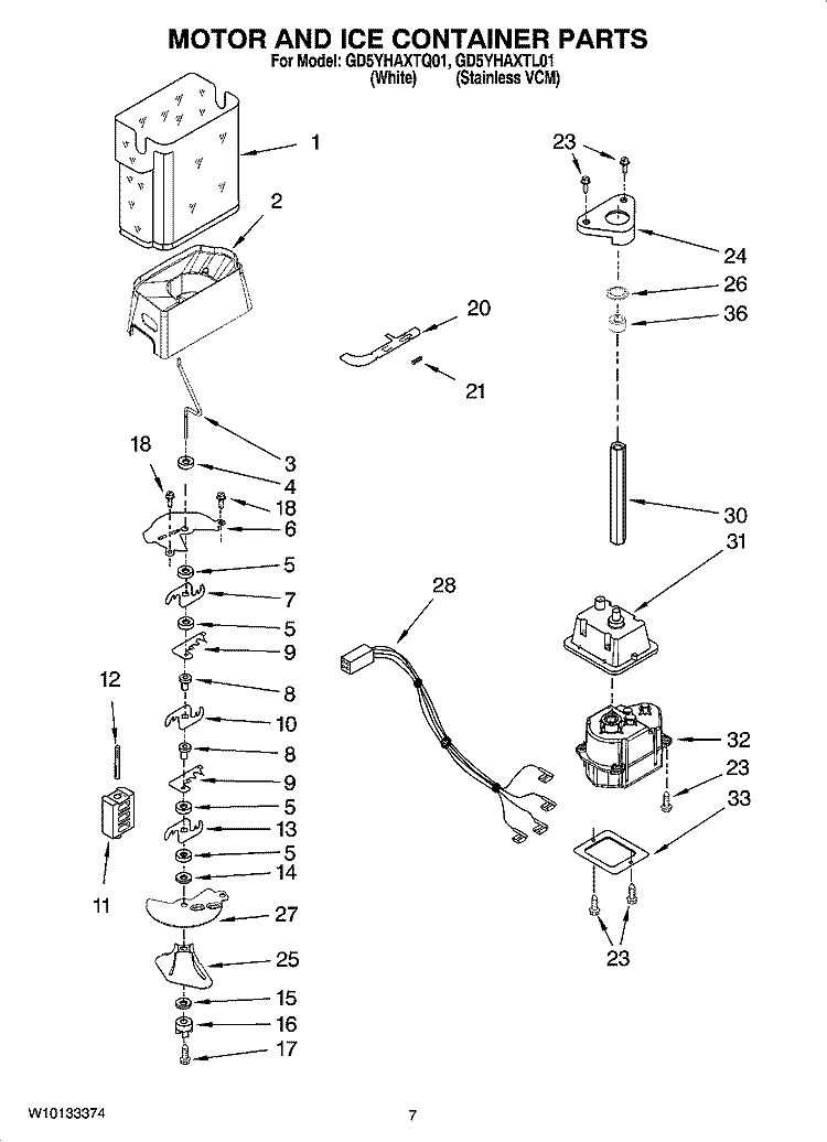 MOTOR AND ICE CONTAINER PARTS Diagram and Parts List for GD5YHAXTL01  Whirlpool Refrigerator