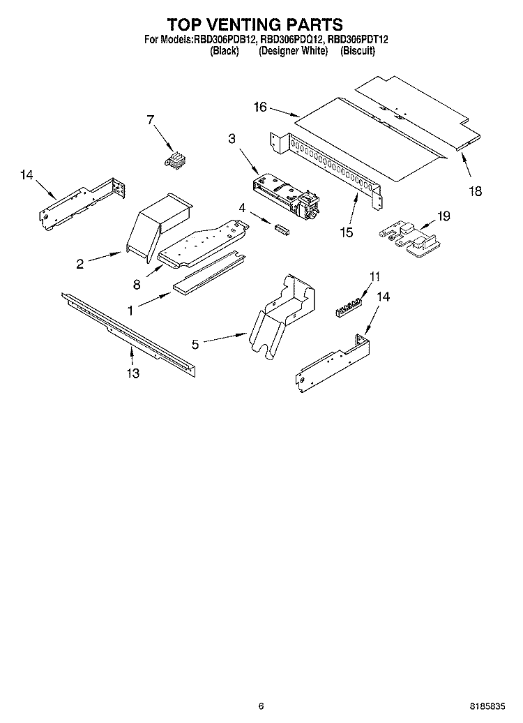 TOP VENTING Diagram and Parts List for  Whirlpool Wall Oven