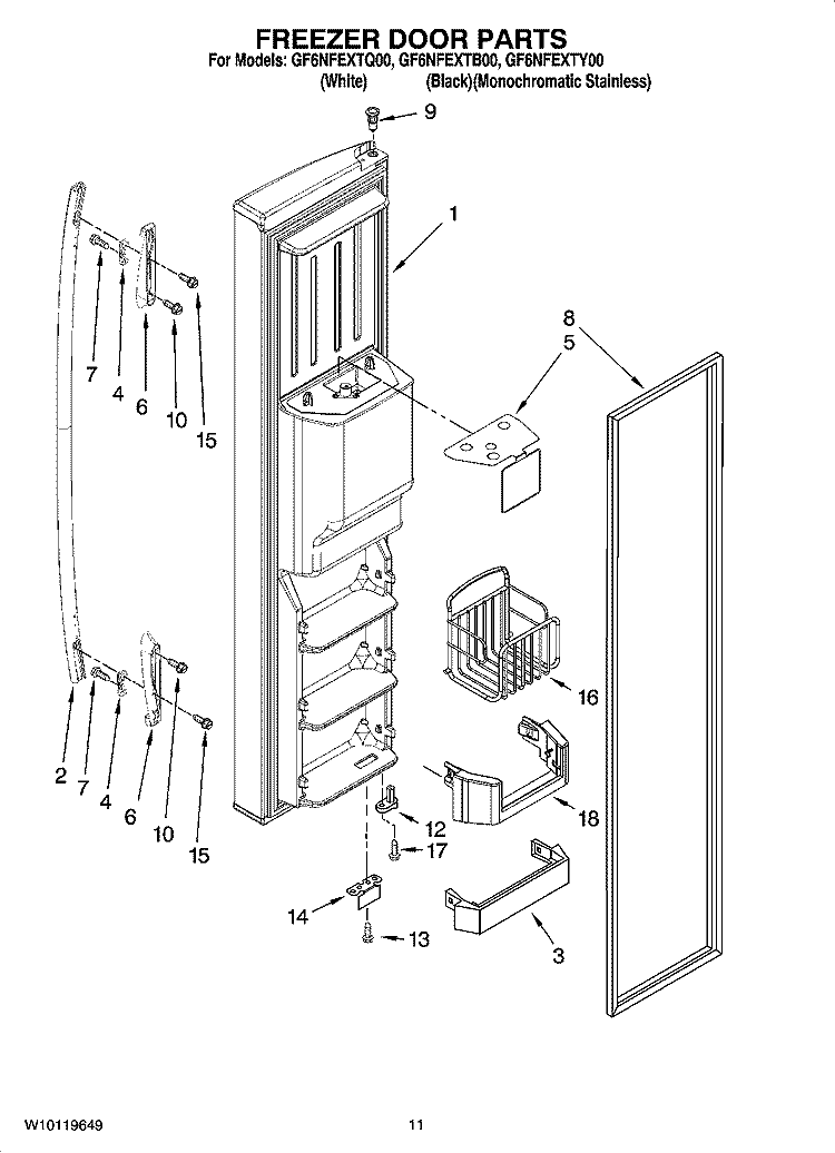 FREEZER DOOR PARTS Diagram and Parts List for GF6NFEXTB00  Whirlpool Refrigerator