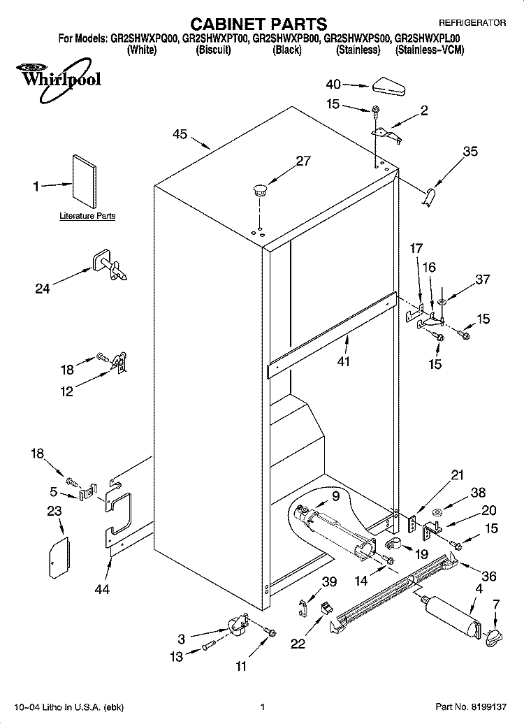 CABINET PARTS Diagram and Parts List for GR2SHWXPS00  Whirlpool Refrigerator