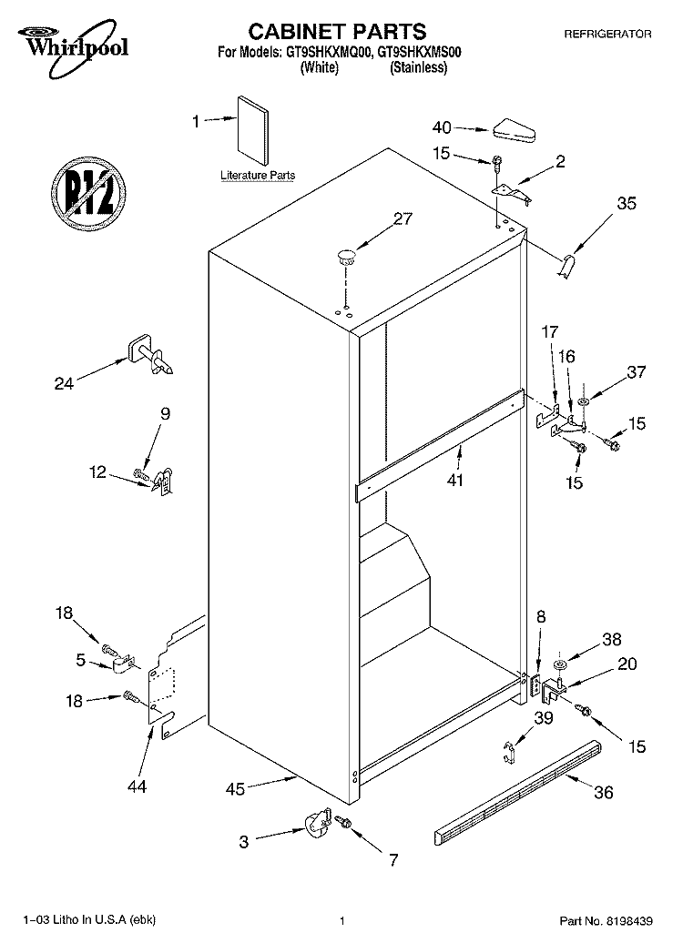 CABINET PARTS Diagram and Parts List for GT9SHKXMQ00  Whirlpool Refrigerator