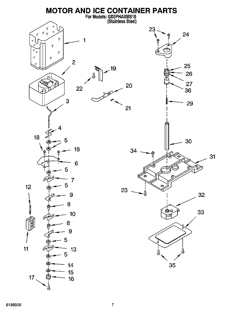 MOTOR AND ICE CONTAINER PARTS Diagram and Parts List for GD5PHAXMS10  Whirlpool Refrigerator