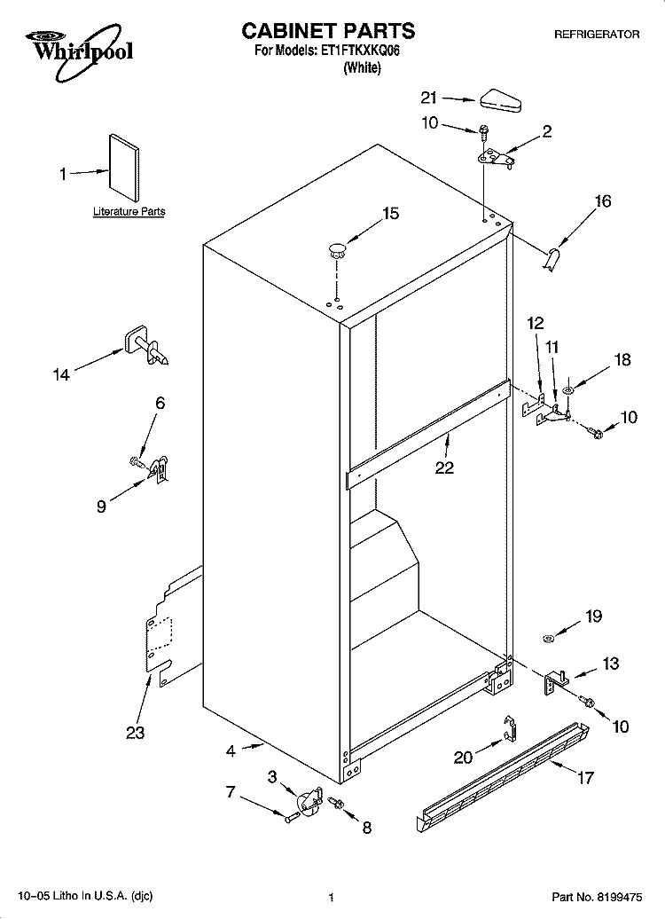 CABINET PARTS Diagram and Parts List for ET1FTKXKQ06  Whirlpool Refrigerator