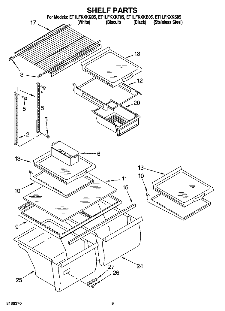 SHELF PARTS, OPTIONAL PARTS Diagram and Parts List for ET1LFKXKT05  Whirlpool Refrigerator