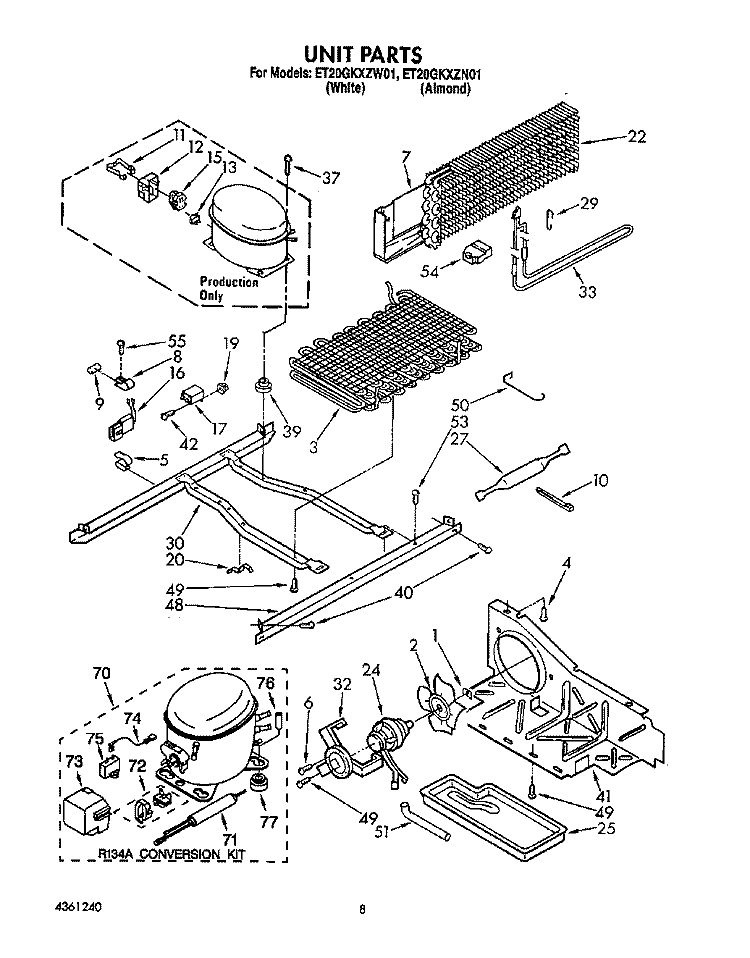 UNIT Diagram and Parts List for ET20GKXZW01  Whirlpool Refrigerator